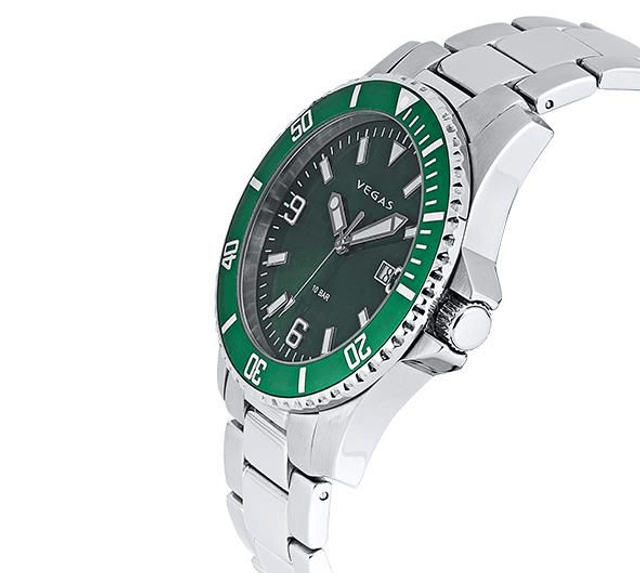 Herenhorloge Ø 43 mm – groene wijzerplaat & roestvrijstalen band