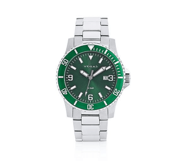 Herenhorloge Ø 43 mm – groene wijzerplaat & roestvrijstalen band