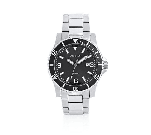 Herenhorloge Ø 43 mm – zwarte wijzerplaat &amp; roestvrijstalen band